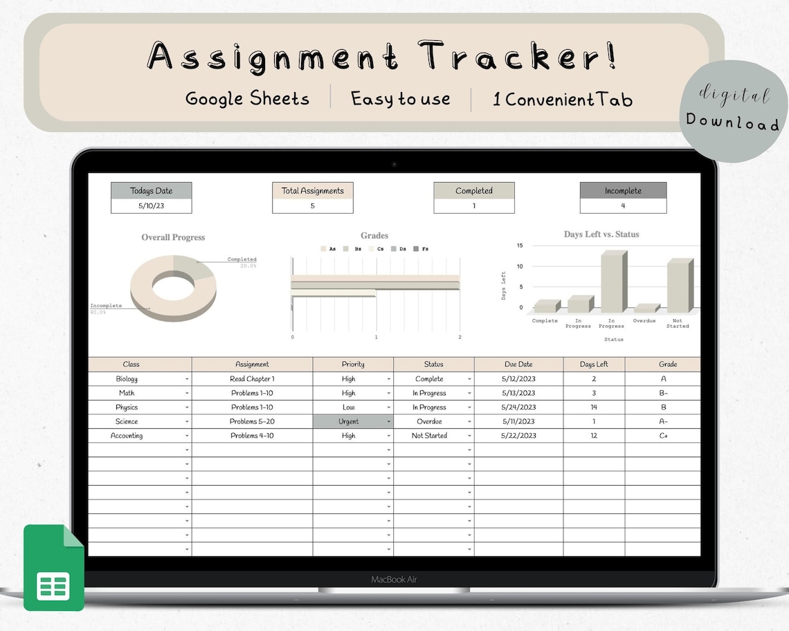 School Spreadsheet Assignment Tracker Google Sheets - Etsy
