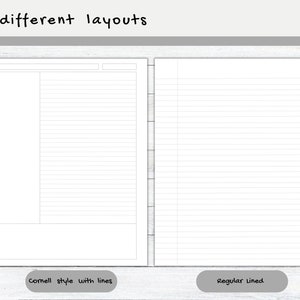 May include: Two different page layouts for a notebook. The left page is a Cornell note-taking style with a large section for notes and a smaller section for keywords. The right page is a regular lined page.