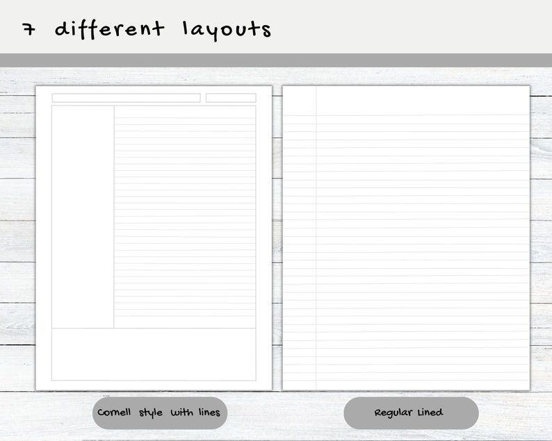 May include: Two different page layouts for a notebook. The left page is a Cornell note-taking style with a large section for notes and a smaller section for keywords. The right page is a regular lined page.