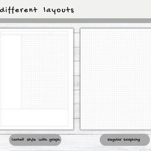 May include: Two different page layouts for a notebook. The left page is a Cornell style with a graph section. The right page is a regular graphing page.