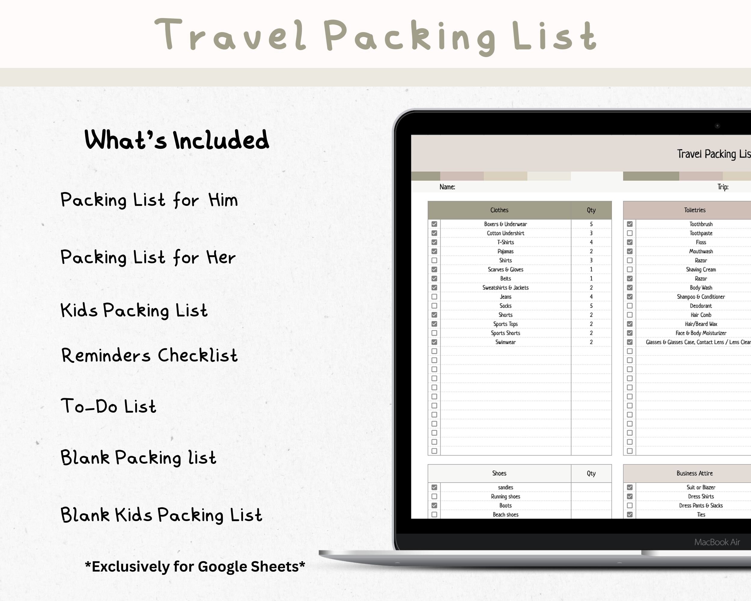 Editable Travel Packing List Template for Google Sheets/excel (digital ...