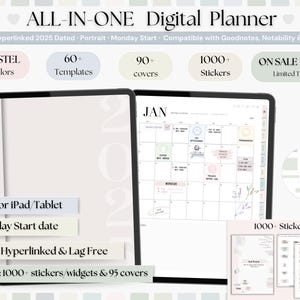 Puede incluir: Un planificador digital para iPad o tableta con un esquema de color pastel. El planificador está completamente hipervinculado y sin retraso. Incluye más de 60 plantillas, más de 90 cubiertas y más de 1000 pegatinas. El planificador está fechado para 2025 y tiene una fecha de inicio el lunes. Es compatible con Goodnotes, Notability y más.