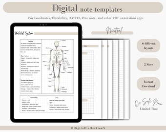 Paquete de plantillas de notas digitales Cornell para iPad, cuaderno de estudio para tomar notas, compatible con GoodNotes, notas académicas para Notability, retrato.