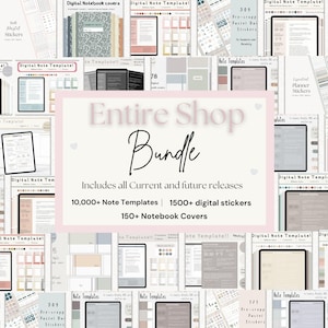 以下が含まれることがあります： デジタルノートテンプレート、ステッカー、ノートカバーのコレクション。画像には、タブレットに表示されたさまざまなデジタルテンプレートが表示され、「Entire Shop Bundle」というテキストがオーバーレイされ、10,000以上のノートテンプレート、1500以上のデジタルステッカー、150以上のノートカバーが含まれています。