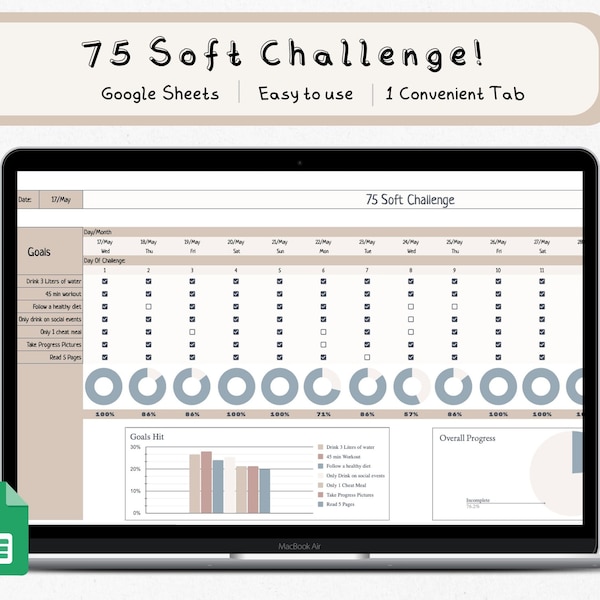 75 Soft Challenge Tracker, Google sheets Tracker, 75 Soft Challenge, Challenge spreadsheet template, google sheets template