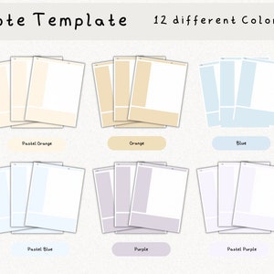 May include: Twelve note templates in different colors. The templates are divided into sections with lines. The colors are pastel orange, orange, blue, pastel blue, purple, and pastel purple.
