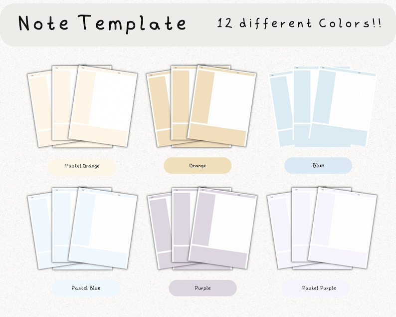 May include: Twelve note templates in different colors. The templates are divided into sections with lines. The colors are pastel orange, orange, blue, pastel blue, purple, and pastel purple.