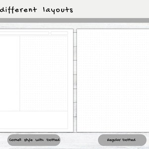 May include: Two pages of a notebook with different layouts. The left page has a Cornell note-taking style with a dotted grid. The right page is a regular dotted grid. The text "Cornell style with Dotted" is below the left page and "Regular Dotted" is below the right page.