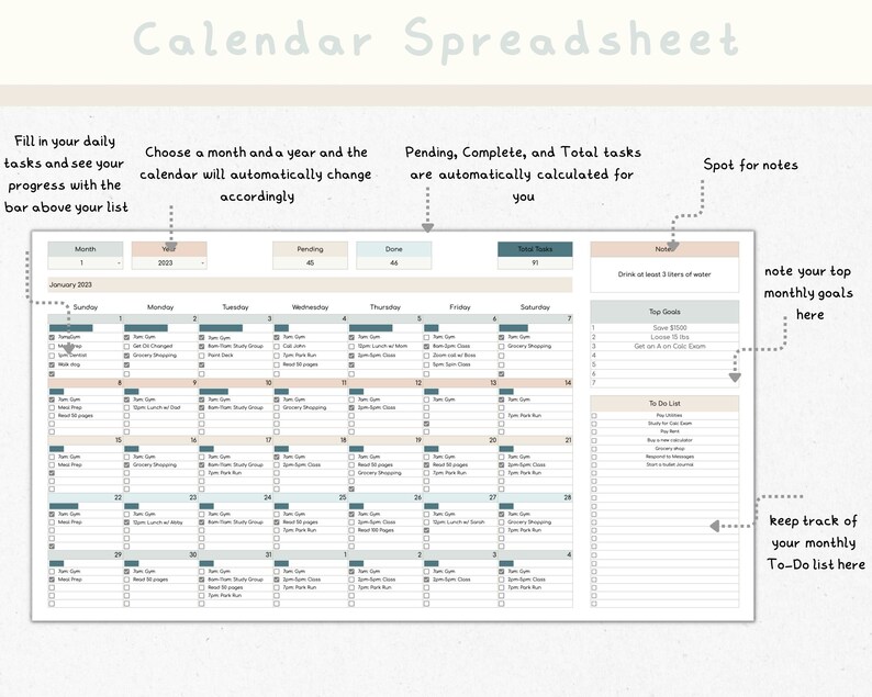 Calendar Spreadsheet, Google Sheets Daily Calendar, to Do List Template ...
