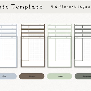 May include: Four note template designs in blue, brown, green, and dark green. Each template has a different layout with sections for writing and a gridded area.