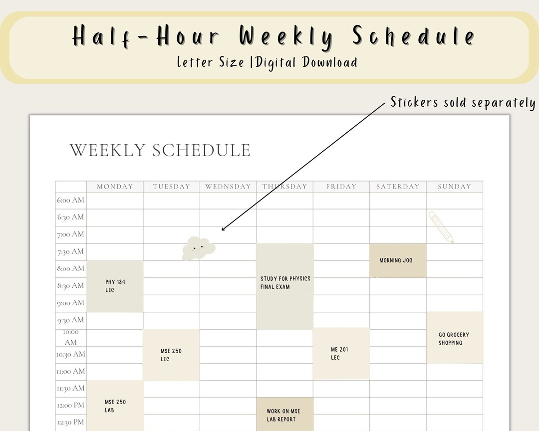 Simple Half Hour Weekly Schedule, Weekly Planner Printable, Weekly to ...