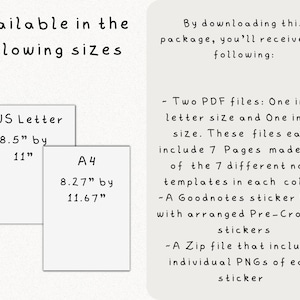 May include: Two paper sizes are shown: US Letter, 8.5 inches by 11 inches, and A4, 8.27 inches by 11.67 inches.  This digital download includes two PDF files, a Goodnotes sticker book, and a zip file with individual PNGs of each sticker.