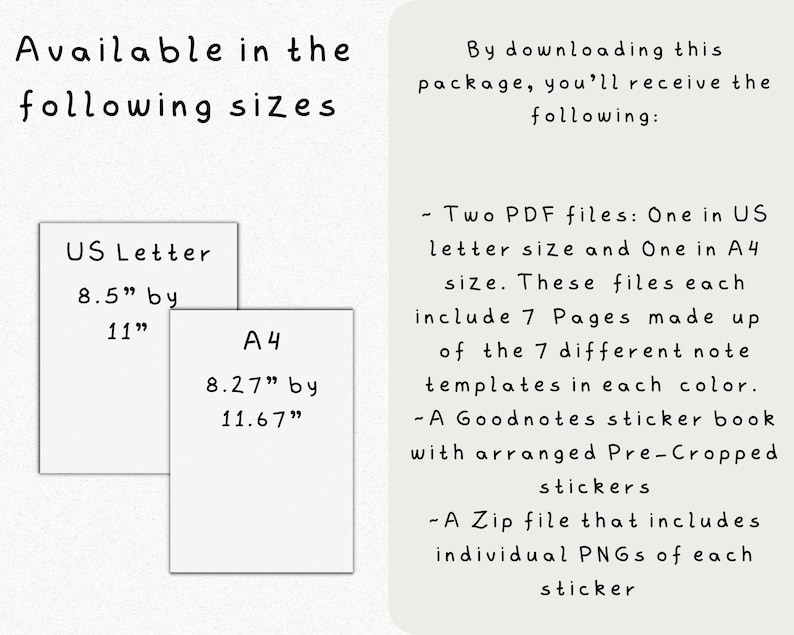 May include: Two paper sizes are shown: US Letter, 8.5 inches by 11 inches, and A4, 8.27 inches by 11.67 inches.  This digital download includes two PDF files, a Goodnotes sticker book, and a zip file with individual PNGs of each sticker.