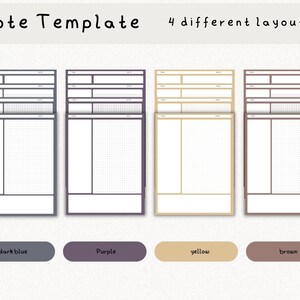 May include: Four note template designs in dark blue, purple, yellow, and brown. Each template has a different layout with sections for writing, a grid, and blank space.