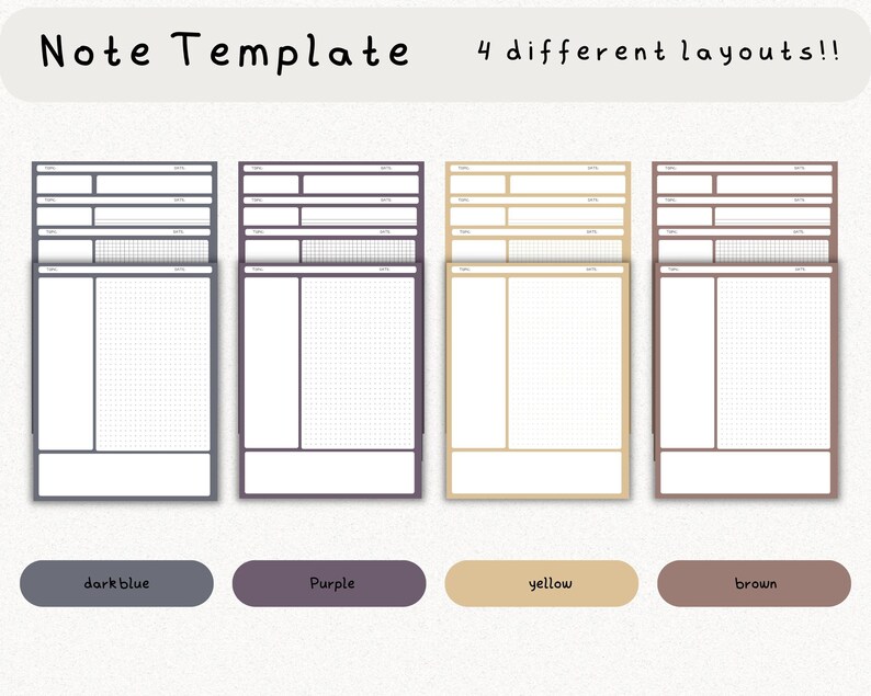 May include: Four note template designs in dark blue, purple, yellow, and brown. Each template has a different layout with sections for writing, a grid, and blank space.