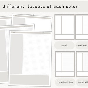 Puede incluir: Seis dise&ntilde;os diferentes de p&aacute;ginas de notas en blanco, cada uno con un estilo de cuadr&iacute;cula o l&iacute;neas diferente. Los dise&ntilde;os est&aacute;n etiquetados como "Cornell", "Cornell con puntos", "Cornell con l&iacute;neas" y "Cornell con gr&aacute;fico".