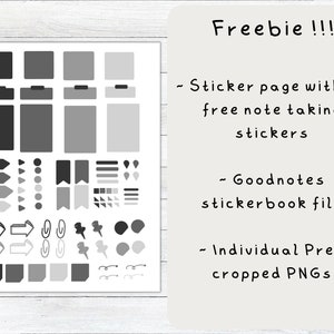May include: A digital planner sticker sheet with 76 grey and black stickers for note-taking. The stickers include various shapes, such as flags, arrows, circles, and rectangles. The sheet is labelled "Freebie!!!" and includes instructions for using the stickers in Goodnotes.