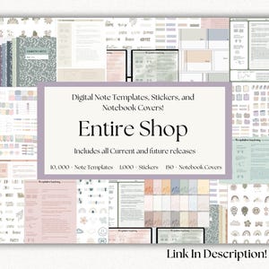 Puede incluir: Un collage de plantillas de notas digitales, pegatinas y portadas de cuadernos en colores pastel. El texto "Digital Note Templates, Stickers, and Notebook Covers! Entire Shop Includes all Current and future releases 10,000 Note Templates 1,000 Stickers 150 - Notebook Covers Link In Description!" se muestra en la imagen.
