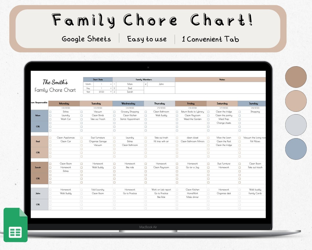 Chore Chart for Google Sheets Excel Template Planner, Family Chore Cart
