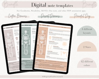 Paquete de plantillas de notas digitales Cornell para iPad, cuaderno de estudio para tomar notas, compatible con GoodNotes, notas académicas para Notability, retrato.