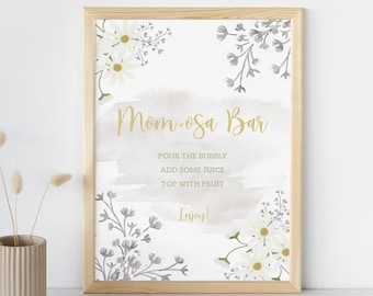 Baby Shower Printable Sign - Momosa/Mimosa Sign | Boho Flowers Instant Download Momosa Bar Sign | Floral Daisies Baby Shower Decoration