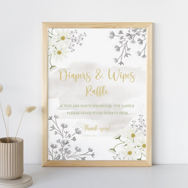 Baby Shower Printable Sign - Diapers and Wipes Raffle | Boho Flowers Instant Download Diaper Raffle Sign | Floral Daisies Baby Shower Decor