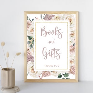Baby Shower Printable Sign - Books and Gifts | Boho Flower Instant Download Gift Table Sign | Rose & Eucalyptus Baby Shower Decoration