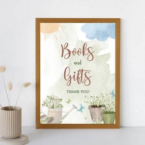 Baby Shower Printable Sign - Books and Gifts | Garden Theme Instant Download Sign | Nursery Gift Table Sign | Summer Baby Shower Decorations