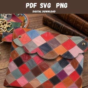 May include: A colorful leather wallet purse with a patchwork design. The purse features a scalloped flap and is made of various colored leather squares. The text "LEATHER WALLET PURSE PDF SVG PNG DIGITAL DOWNLOAD" is displayed at the top.