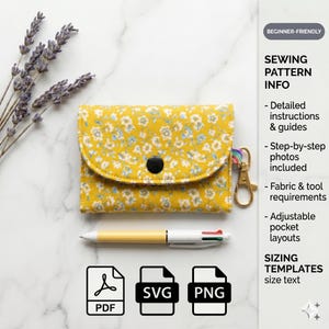Könnte beinhalten: Eine gelbe Stoffgeldbörse mit weiß-blauem Blumenmuster, schwarzem Druckknopfverschluss und goldenem Karabinerhaken. Enthält Text: BEGINNER-FRIENDLY, SEWING PATTERN INFO, Detailed instructions & guides, Step-by-step photos included, Fabric & tool requirements, Adjustable pocket layouts, SIZING TEMPLATES, PDF, SVG, PNG.