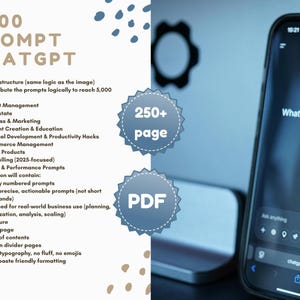 Könnte beinhalten: Werbung für ein digitales Produkt. Das Bild zeigt ein Smartphone mit ChatGPT-Oberfläche und ein Dokument mit 5000 Prompts. Das Dokument umfasst über 250 Seiten und behandelt Themen wie Projektmanagement und E-Commerce.