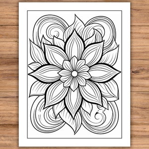 May include: Black and white floral coloring page. The design features a large, detailed flower with multiple layers of petals and swirling accents. The image is printed on white paper, perfect for coloring with markers, colored pencils, or crayons.