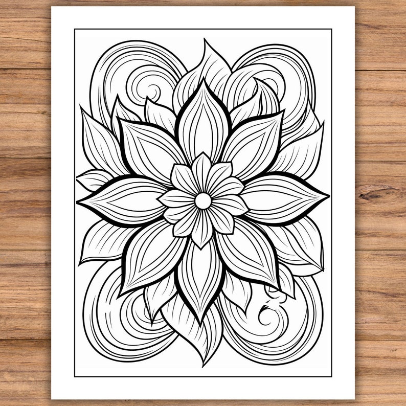 May include: Black and white floral coloring page. The design features a large, detailed flower with multiple layers of petals and swirling accents. The image is printed on white paper, perfect for coloring with markers, colored pencils, or crayons.