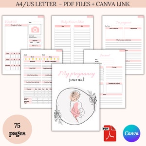 Diario de embarazo - Paquete de planificación - 75 páginas - PDF imprimible y enlace Canva editable - Tamaño A4 y CARTA EE. UU.