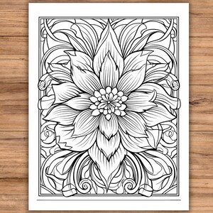May include: Black and white floral coloring page with a large, detailed flower at the center. The flower has many petals and is surrounded by swirling leaves and decorative borders. The image is on a white background.
