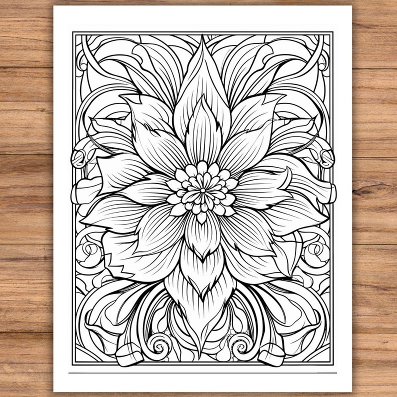 May include: Black and white floral coloring page with a large, detailed flower at the center. The flower has many petals and is surrounded by swirling leaves and decorative borders. The image is on a white background.