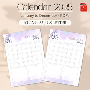 2025 Printable Calendar - Pastel Watercolor Design - A4, A3, A5, US LETTER Sizes - English Version - Digital PDF Calendar