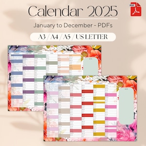 2025 Floral Calendar by semesters - Printable PDF with Notes Section | A3, A4, A5, US Letter Sizes