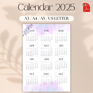 2025 Annual Printable Calendar - Year at a Glance Pastel Watercolor Design - A4, A3, A5, US LETTER Sizes - Digital PDF Calendar