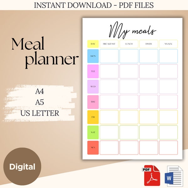 Weekly meal planner printable and digital PDF and DOCX (Word) | 2024 life organizer to print | A4, LETTER, A5