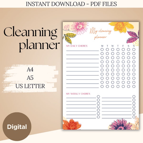 Cleaning planner printable and digital PDF | 2024 life organizer to print | A4, LETTER, A5