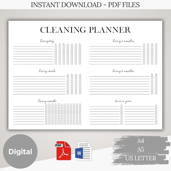 Cleaning planner printable and digital PDF and DOCX (Word) | 2024 life organizer to print | A4, LETTER, A5