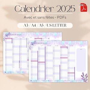 Calendario 2025 para Imprimir - Archivo PDF con y sin Festivos + Festivos - Formatos A3/A4/A5/US LETTER