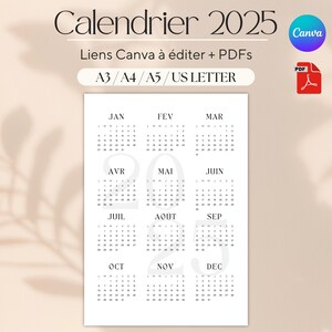 May include: A printable calendar for the year 2025 in French. The calendar is divided into 12 months, with each month displayed in a separate box. The calendar is designed in a minimalist style with a white background and black text.