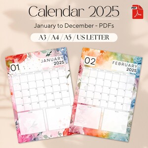 Calendario floreale 2025 - stampabile 12 mesi | PDF scaricabile | Pianificatore mensile | A3, A4, A5, Lettera USA