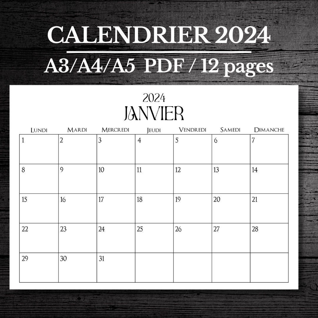 Französischer Kalender 2024 zum Ausdrucken, PDF zum Herunterladen, 12 