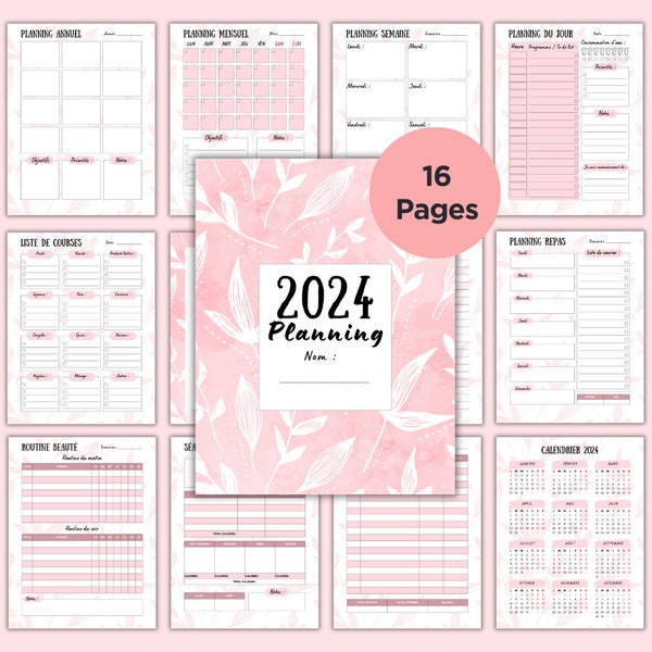 Set of pink planners 2024 - 16 pages - PDF to download - A4/A5/US LETTER