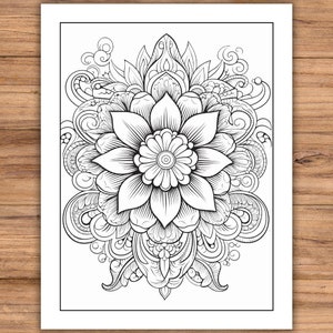 May include: Black and white floral mandala coloring page. The intricate design features a large central flower surrounded by detailed petals, swirling patterns, and decorative elements. The image is on a white background with a black border.