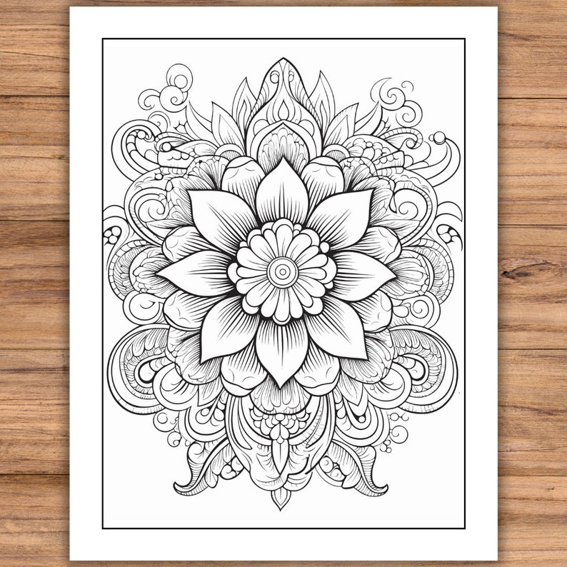 May include: Black and white floral mandala coloring page. The intricate design features a large central flower surrounded by detailed petals, swirling patterns, and decorative elements. The image is on a white background with a black border.