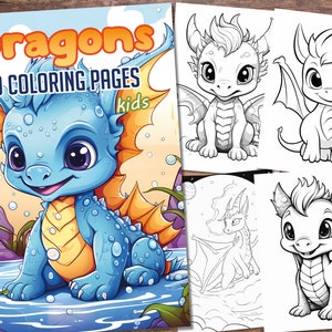 50 digital coloring pages: chibi dragons for kids